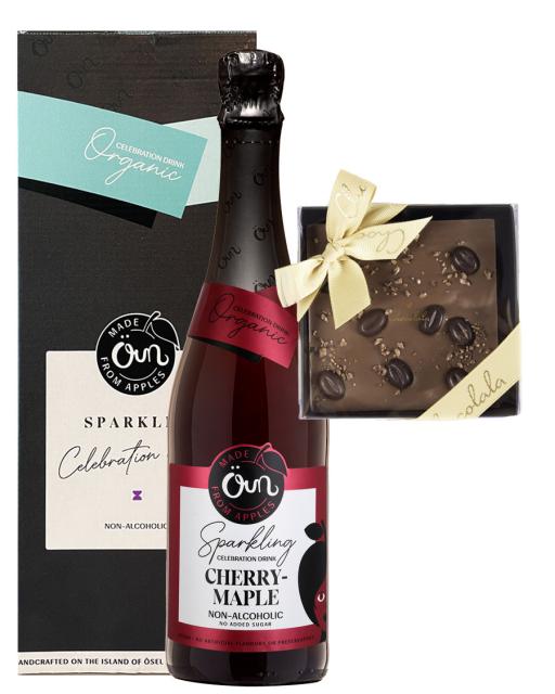 Cherry-maple sparkling drink (0% alc) in a gift box and chocolate bar 